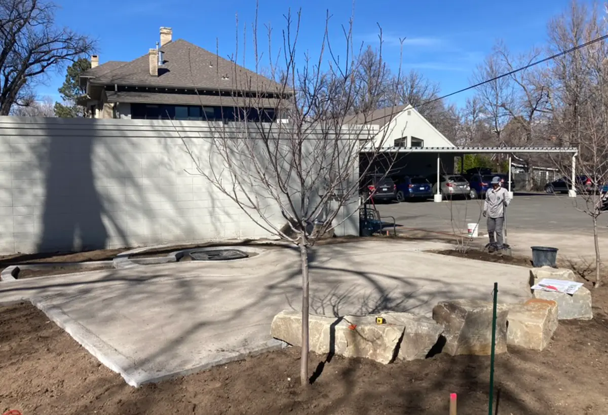 Pathway pouring and Irrigation Upgrades by Blue Spruce Horticulture team members.