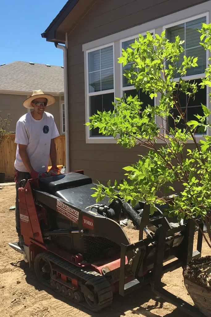 Stuart Shoemaker installing a tree with heavy machinery in Longmont, Colorado.